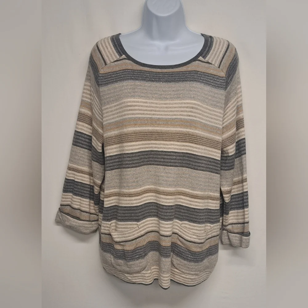 Croft & Barrow XL Pullover Sweater 3/4 Sleeve Striped Metallic Front Pockets